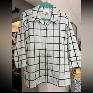 Linea Women's black stripe 3/4 Sleeve Window Pane Plaid Button Up Blouse
